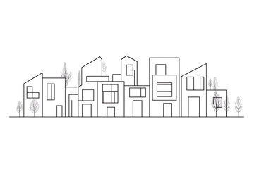 One-line drawing style: a simple vector logo of geometric shapes that outlines the shape and form of modern houses in an abstract way. White background. Minimalist.