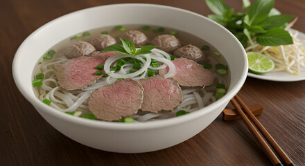 Delicious Vietnamese Pho Soup With Rare Beef and Meatballs Served Hot