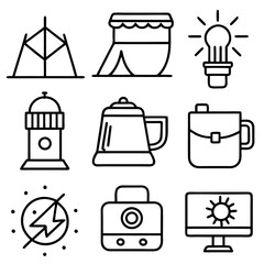 Line Art Icons Set with Various Symbols and Objects