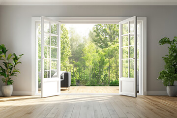 Fototapeta premium Open balcony doors, modern apartment interior with light gray walls and wooden floor, view into living room with black sofas, white ceiling, large windows on the right side of the picture.