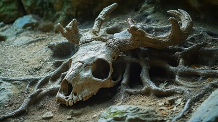 A weathered deer skull and antlers resting on ancient earth.