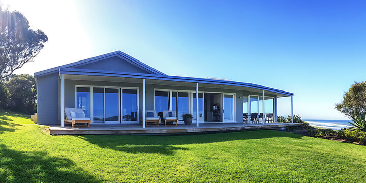 Panoramic photo of an Australian beachside house, front view. The house has a blue roof and light gray walls, with white window frames.
