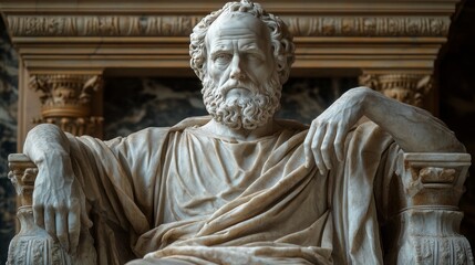 Marble statue of a stoic philosopher seated on ornate throne