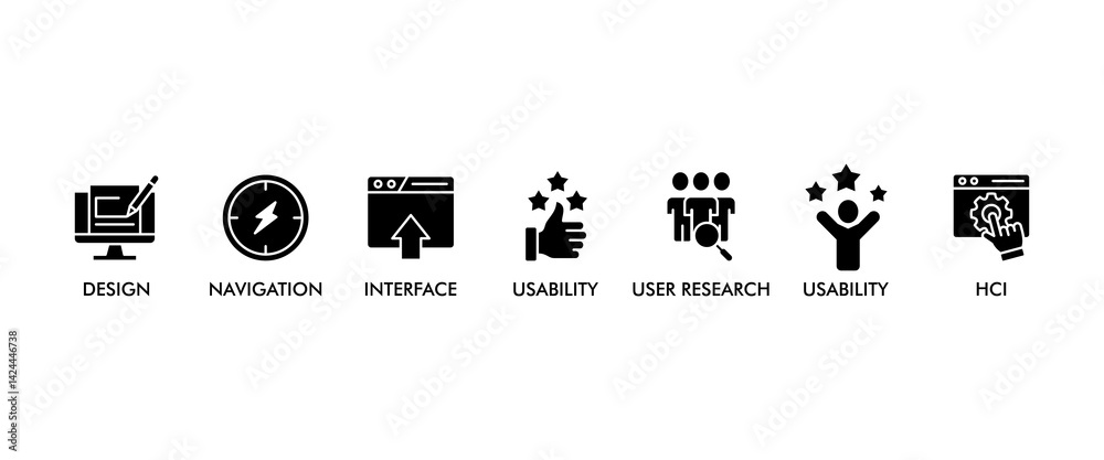 Fototapete UX design web banner icon set vector illustration concept consists of accessibility, usability, design, user research, hci, structuring, navigation, interface icon live stroke and easy to edit