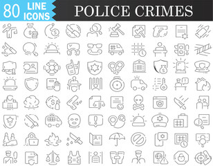 Police and crimes line icons collection. Big UI icon set in a flat design. Thin outline icons pack. Vector illustration.