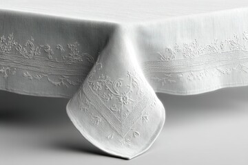 Elegant white embroidered tablecloth displayed on a simple surface, ideal for dining occasions and events