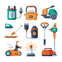 Collection of lawn care and cleaning equipment vectors