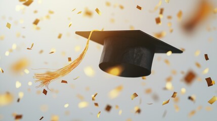 Graduation cap flying in the air with golden confetti on a white background.