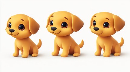 Three cute puppies sitting, white background, children's book illustration
