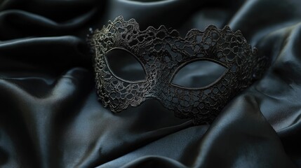 Black sexy lace mask on a black silk surface.