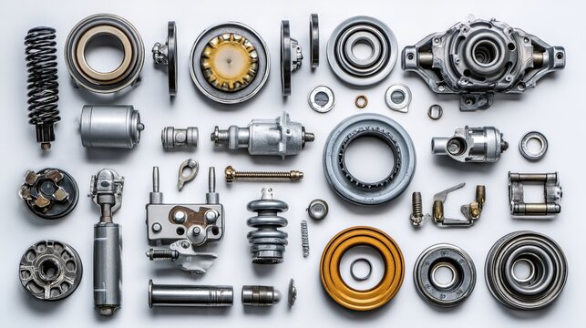 Auto parts and car spares isolated on white background Components for vehicle maintenance