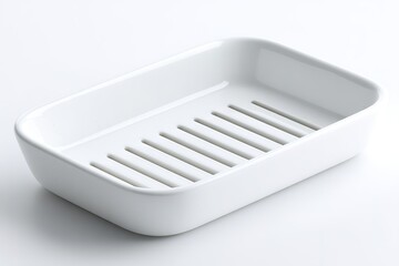 Simple white soap dish for bathroom or kitchen use featuring drainage slits