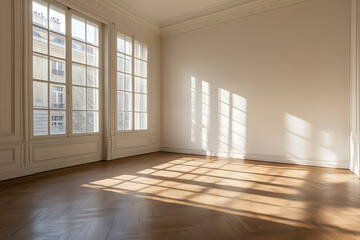 Obraz premium Photo of a blank wall mockup in an empty room with a parquet floor.