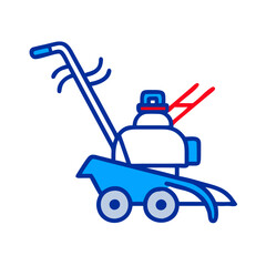 Blue and Red Garden Tiller Illustration on Black Background