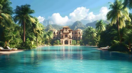 Obraz premium Luxurious tropical estate with a pristine pool.