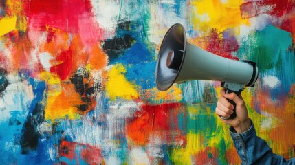 Composite photo collage of hand hold megaphone propaganda news agitation strike speech bubble activist isolated on painted background