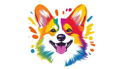 Naklejka premium Rainbow Corgi portrait, playful, white background, vibrant art, pet design