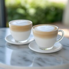 Two Latte Cups Coffee Drinks on Marble Table Outdoor