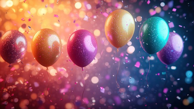 A collection of colorful, glittery balloons rising against a festive background filled with confetti.