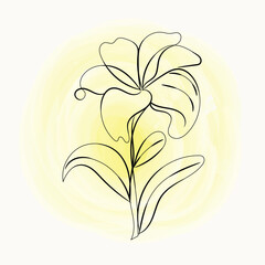 Elegant Line Art Flower on Yellow Watercolor Background