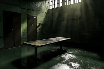 Dark, foreboding prison interrogation room.