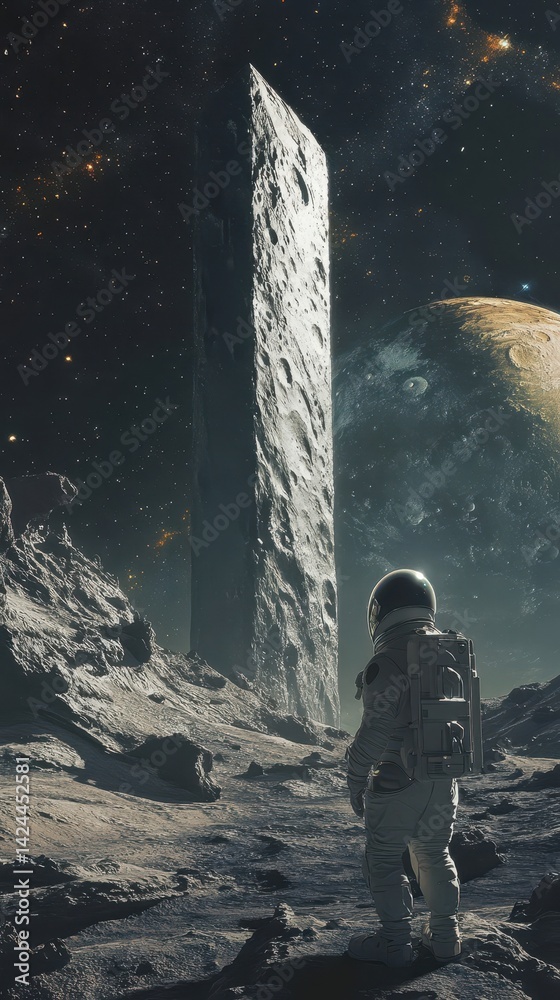 Wall mural an astronaut gazes at a monolithic structure on a desolate alien moon.