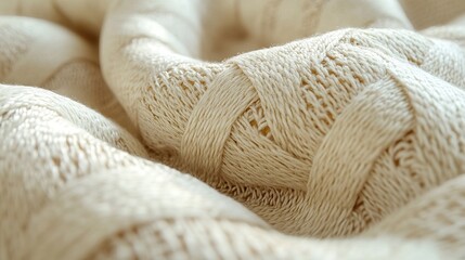 Close-up of Soft Cream-Colored Knitted Fabric with Intricate Tex