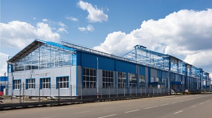 Modern industrial enterprise building with blue sky and summer light