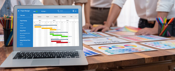 Project planning software for brisk business project management on the computer screen showing...