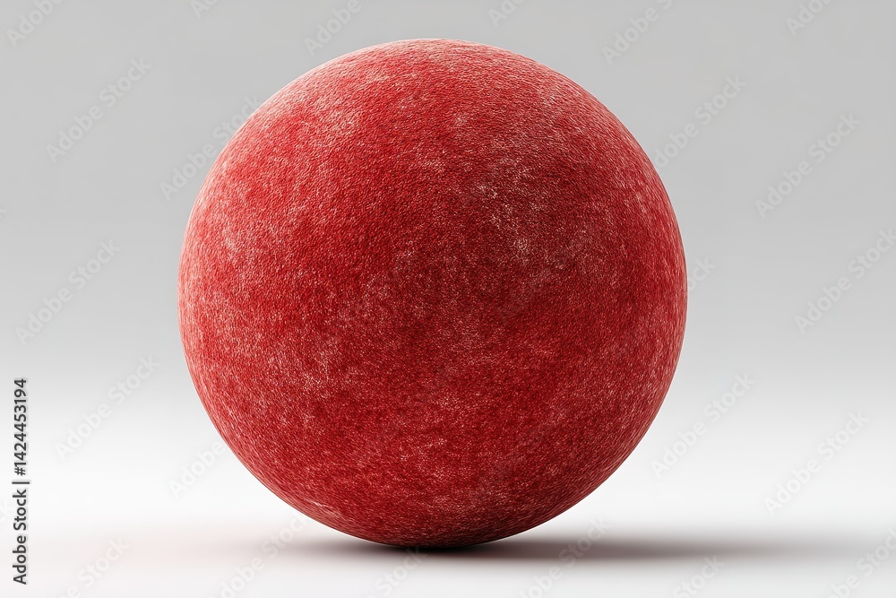 Poster red spherical object with textured surface displayed against a neutral background