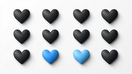 Blue hearts among black hearts on white background, love concept, social media