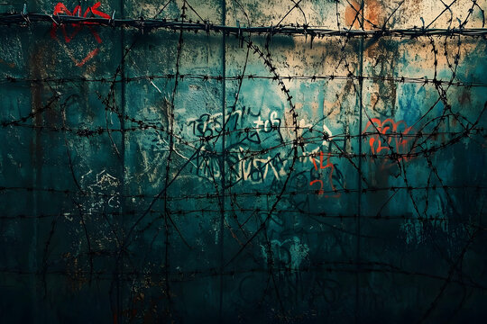Rusted barbed wire fence with graffiti and concrete.