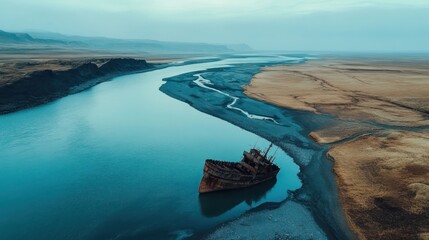 Rustic, deserted ship wreck in a winding riverbed.