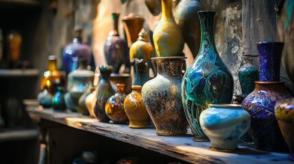 Colorful ceramic vases on display in artisan shop