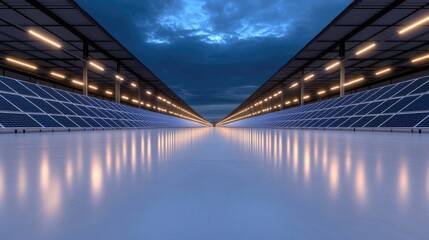 Fototapeta premium Futuristic solar energy facility at night. Rows of solar panels under a canopy, reflecting in a smooth, paved surface. A perspective view creates a sense of vastness and efficiency