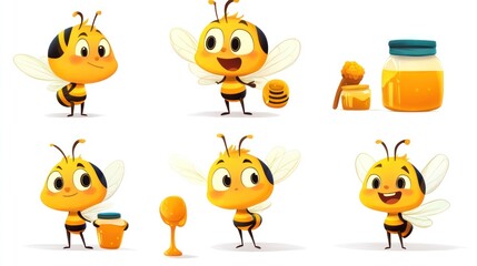Cute cartoon bees with honey, illustrations for children's books