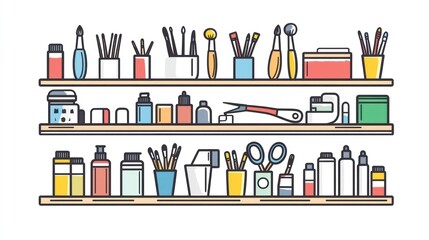 Art supplies neatly organized on shelves, studio background, craft supplies, website design