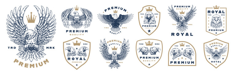 Obraz premium Vintage eagle emblems with crowns and badges