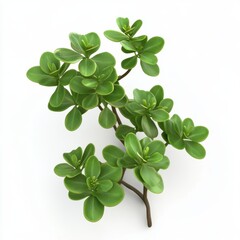 Close up view of a leafy green plant branch on a white background