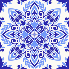 Mediterranean tile, blue seamless pattern. Spanish, Portuguese, or Moroccan traditional ornament. Mosaic floral design with leaves, ethnic motifs for ceramic. Vector illustration