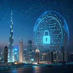 Dubai Skyline Security Futuristic Globe Shield, cybersecurity ,data privacy