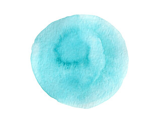 Round blue watercolor stain isolated on white background. Hand-painted abstract brushstroke. Watercolor design element. Artistic splash and paint texture
