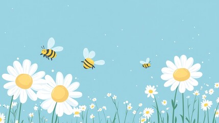 Bees flying over daisies, summer meadow, nature background, kids illustration
