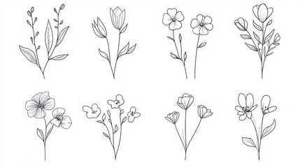 Simple line art floral bouquet design, white background, perfect for invitations