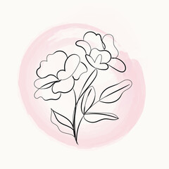 Elegant Minimalist Line Art Flowers on Pink Watercolor Background