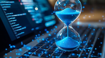 Glowing Hourglass on Laptop Keyboard, A glowing hourglass with blue sand sits on a laptop keyboard, symbolizing time and technology
