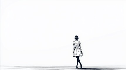 A drawing of a mother walking down a road․Black and white minimalist line art on a white background.