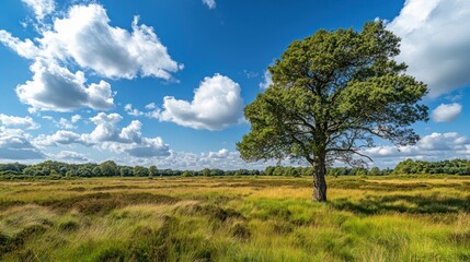 Lone tree in a sunny meadow under a partly cloudy sky. Outdoor landscape photography