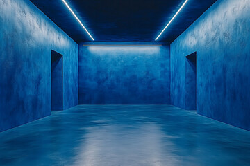 Modern Blue Lit Hallway Interior Perspective With Concrete Walls and Geometric Design Empty Space