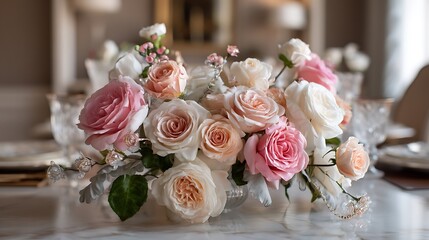 A refined Mothera??s Day card with elegant roses and delicate touches, placed on an antique-style dining table surrounded by fine crystal, captured in